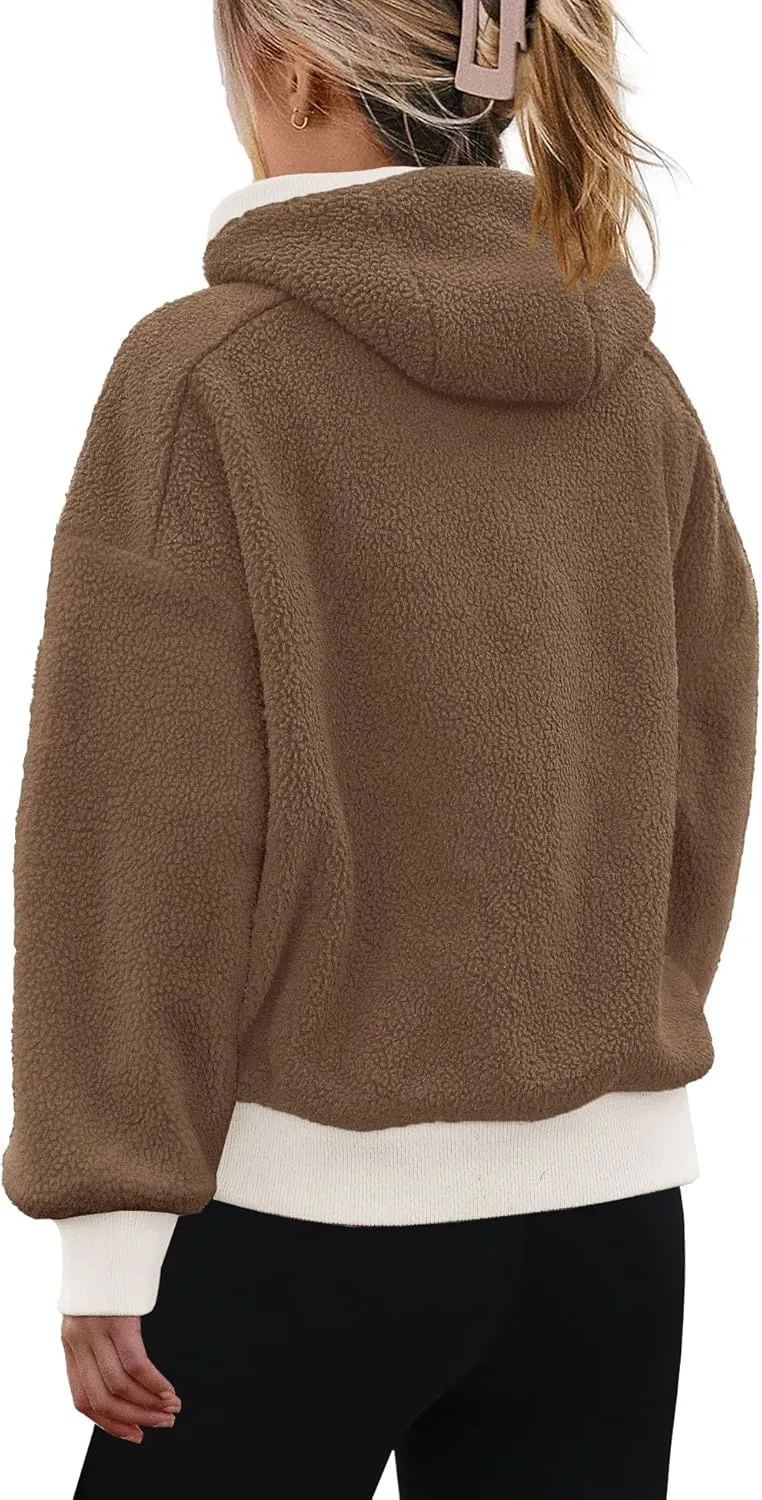 SENSERISE Womens Sherpa Jacket Zip Up Fuzzy Fleece Hoodie Oversized Long Sleeve Color Block Outerwear with Pockets