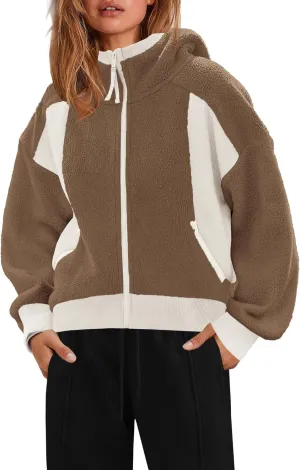 SENSERISE Womens Sherpa Jacket Zip Up Fuzzy Fleece Hoodie Oversized Long Sleeve Color Block Outerwear with Pockets