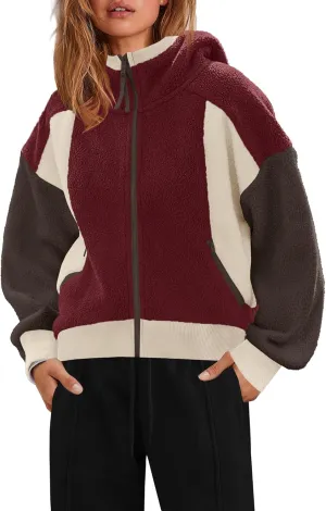 SENSERISE Womens Sherpa Jacket Zip Up Fuzzy Fleece Hoodie Oversized Long Sleeve Color Block Outerwear with Pockets