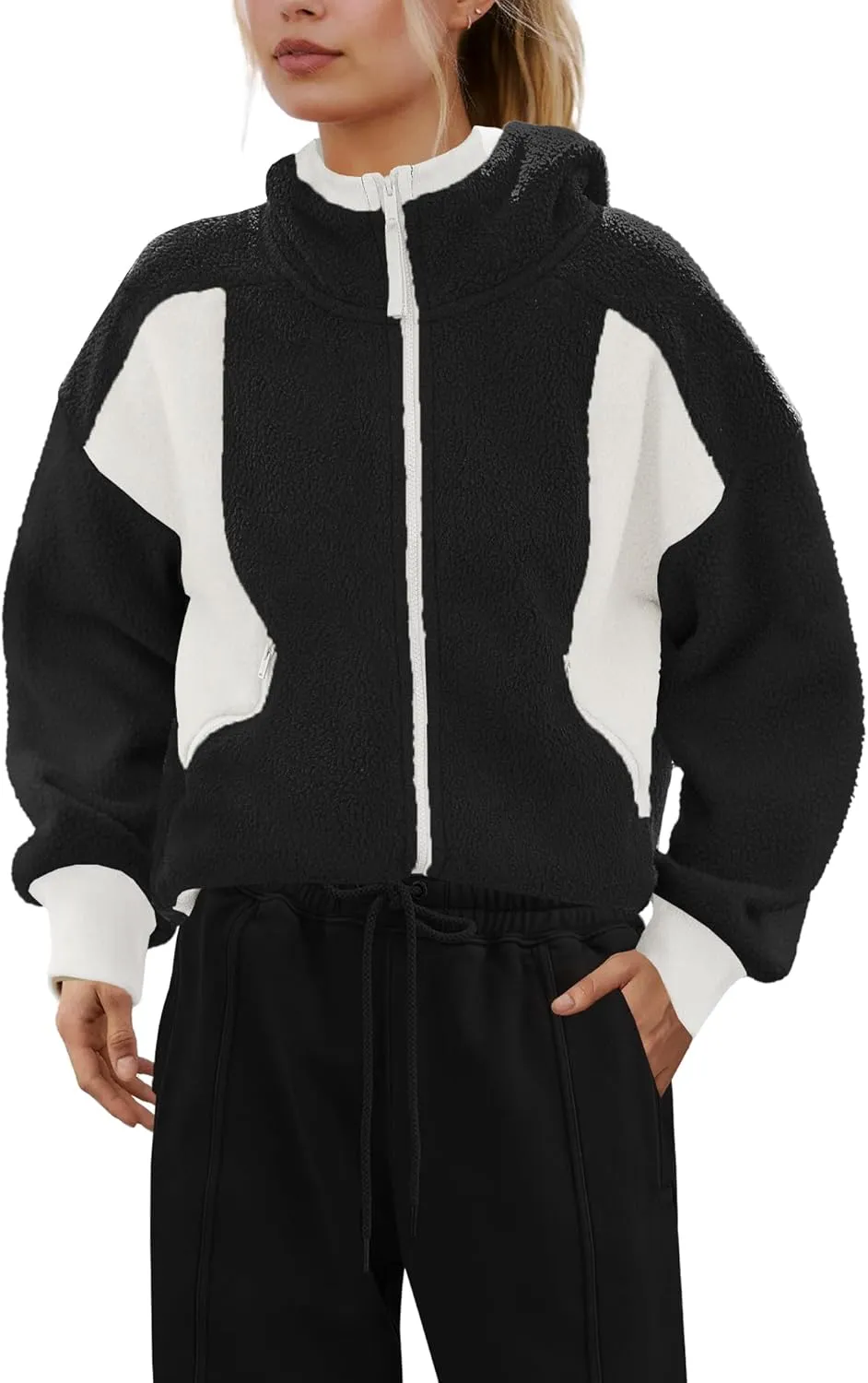 SENSERISE Womens Sherpa Jacket Zip Up Fuzzy Fleece Hoodie Oversized Long Sleeve Color Block Outerwear with Pockets
