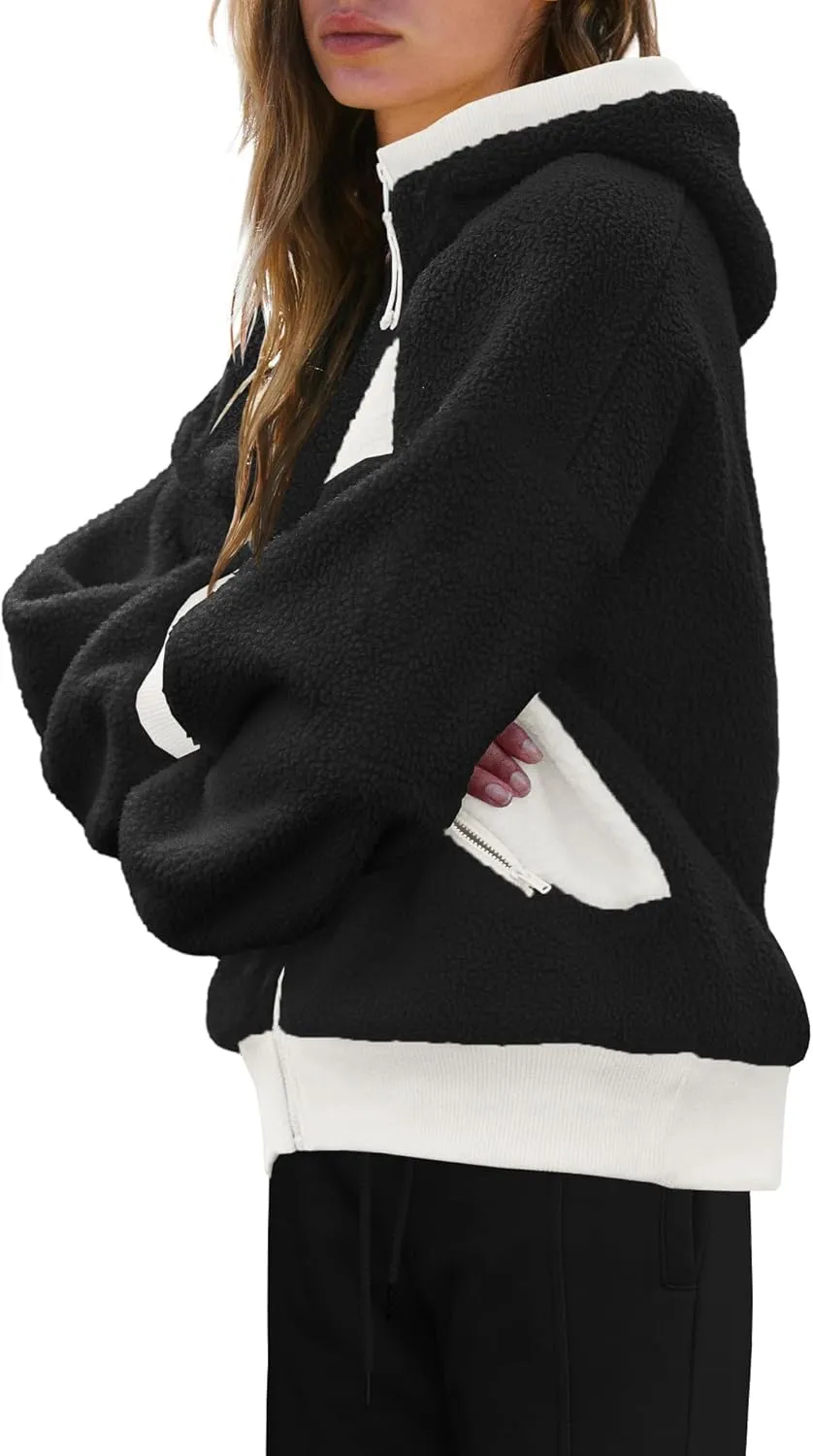 SENSERISE Womens Sherpa Jacket Zip Up Fuzzy Fleece Hoodie Oversized Long Sleeve Color Block Outerwear with Pockets