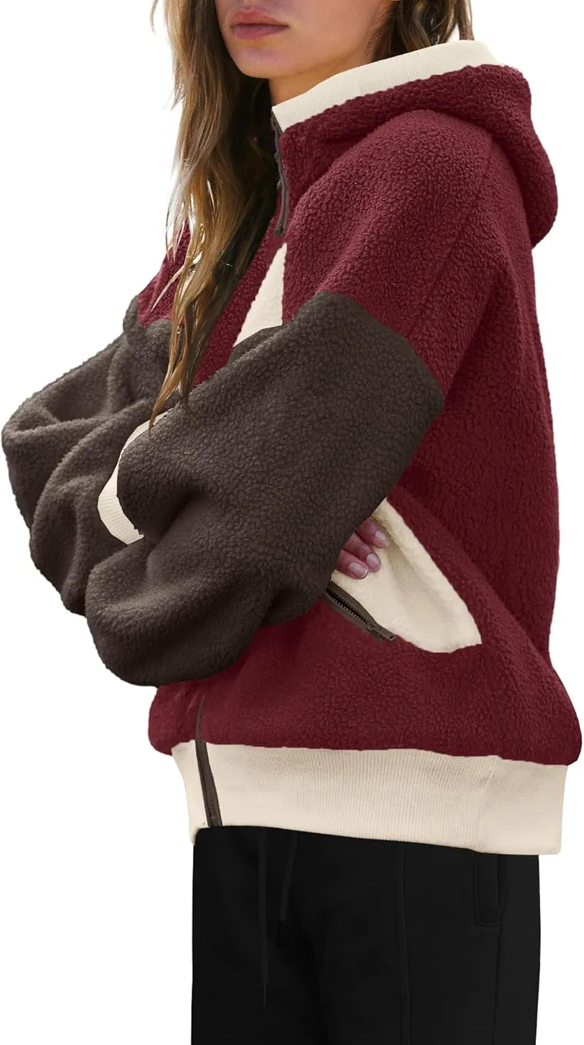 SENSERISE Womens Sherpa Jacket Zip Up Fuzzy Fleece Hoodie Oversized Long Sleeve Color Block Outerwear with Pockets