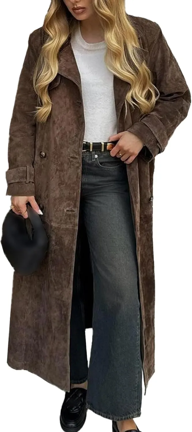Sexyshine Women's Faux Suede Long Trench Coat Notched Lapel Double Breasted Overcoat Brown Suede Jacket with Belt