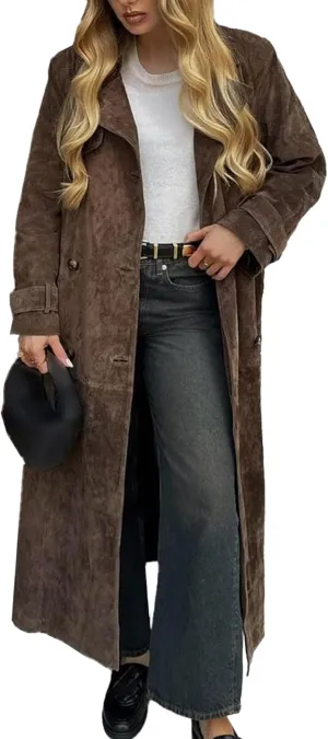 Sexyshine Women's Faux Suede Long Trench Coat Notched Lapel Double Breasted Overcoat Brown Suede Jacket with Belt
