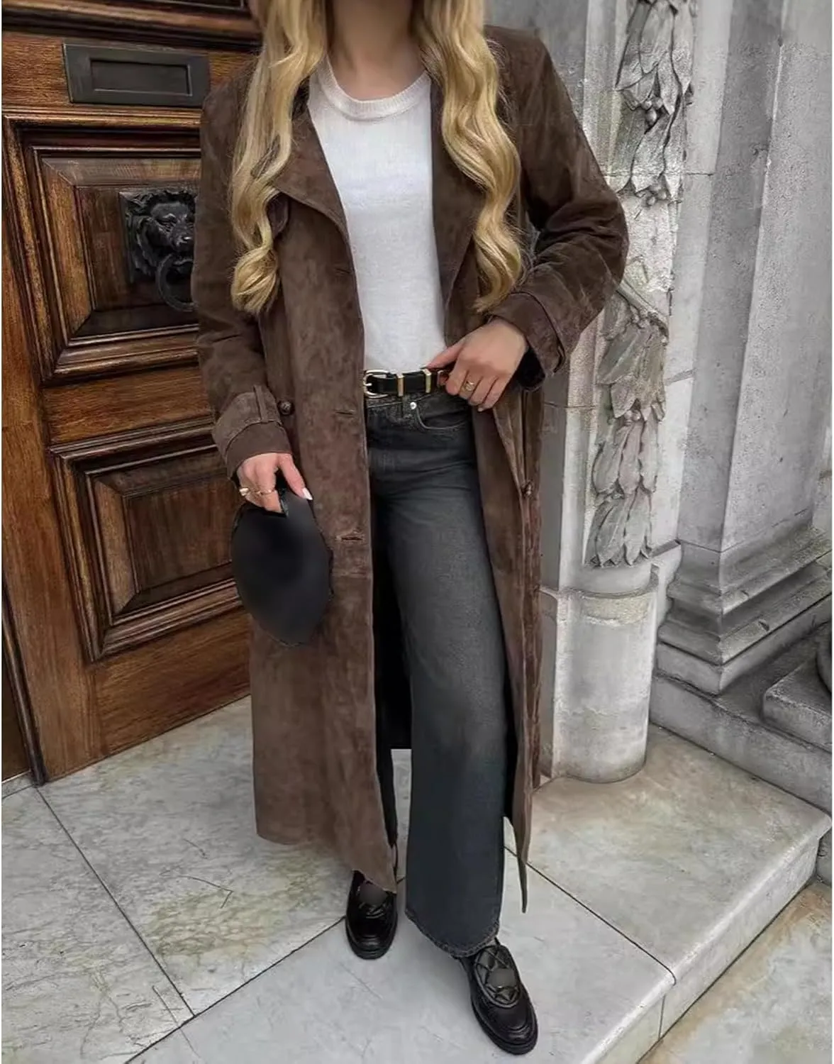 Sexyshine Women's Faux Suede Long Trench Coat Notched Lapel Double Breasted Overcoat Brown Suede Jacket with Belt