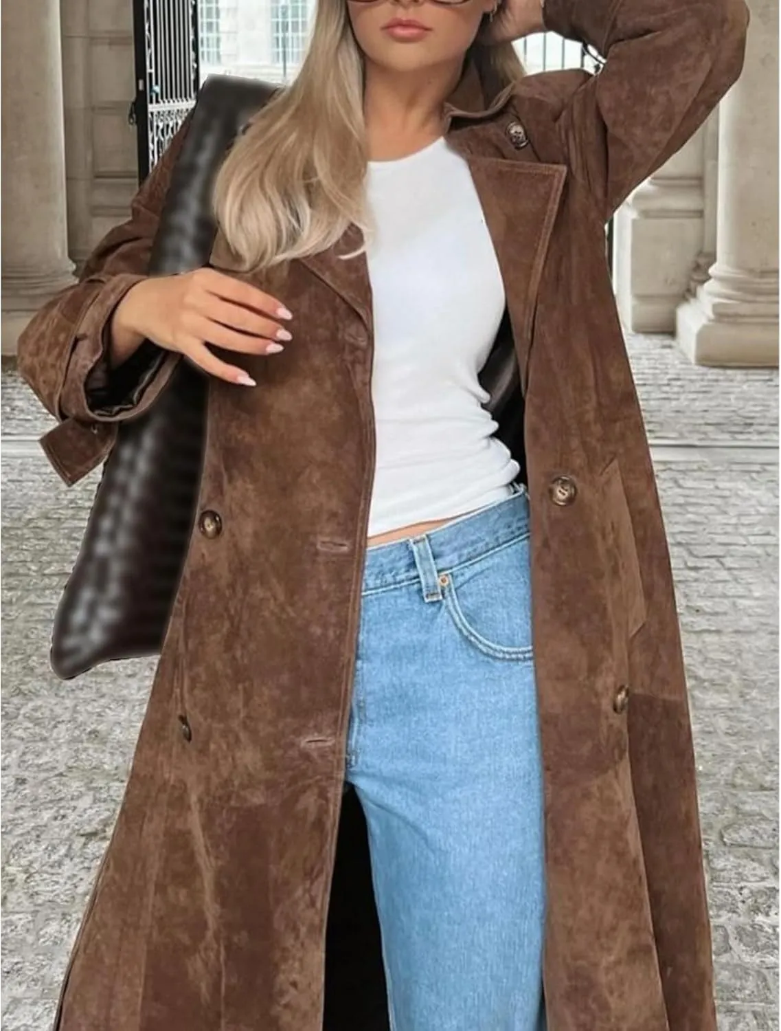 Sexyshine Women's Faux Suede Long Trench Coat Notched Lapel Double Breasted Overcoat Brown Suede Jacket with Belt