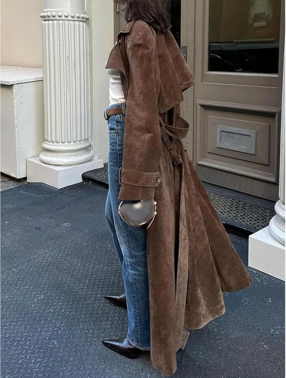 Sexyshine Women's Faux Suede Long Trench Coat Notched Lapel Double Breasted Overcoat Brown Suede Jacket with Belt