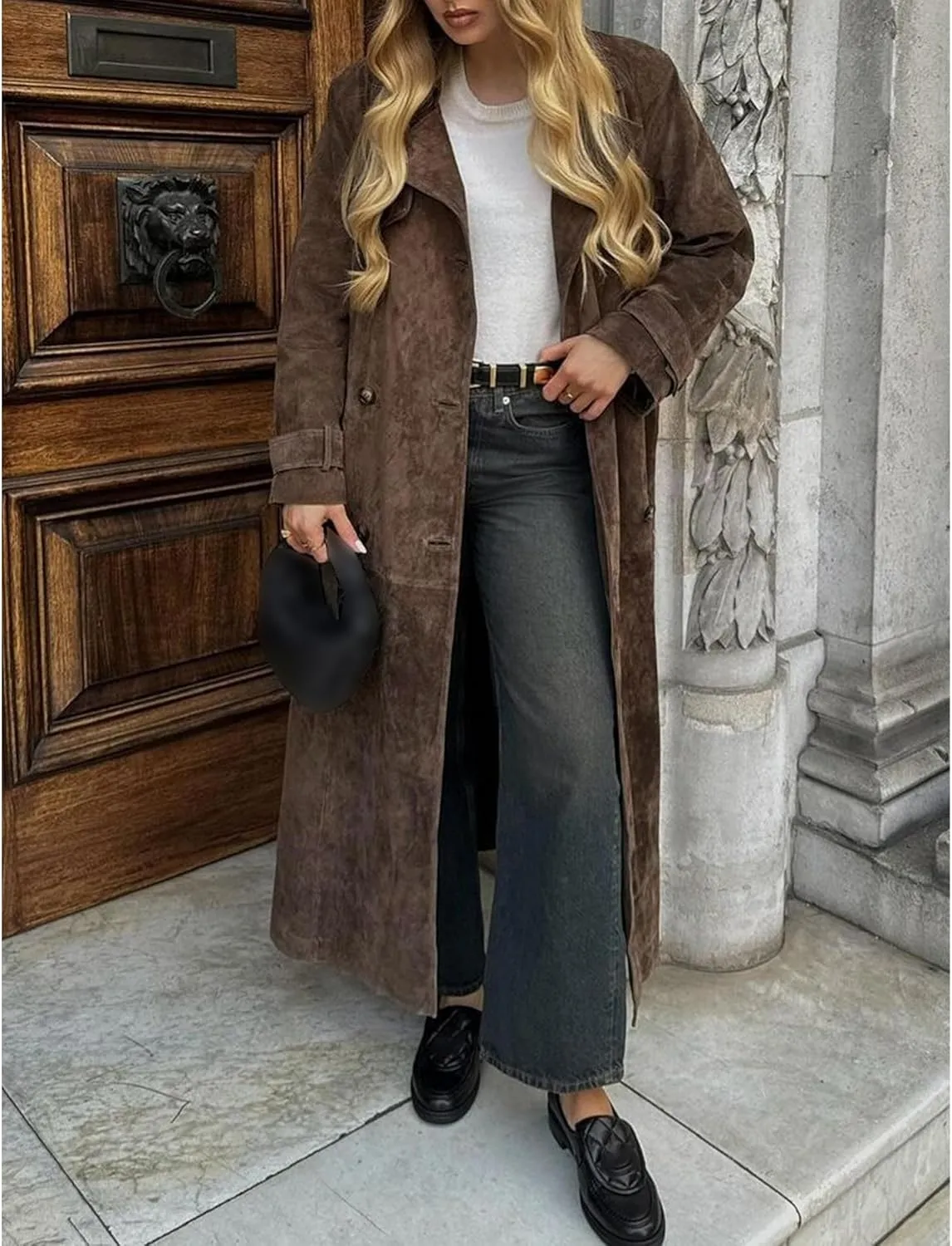 Sexyshine Women's Faux Suede Long Trench Coat Notched Lapel Double Breasted Overcoat Brown Suede Jacket with Belt