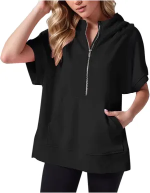 Short Sleeve Sweatshirt Women Oversized Half Zip Hoodies Casual Pullover Tops