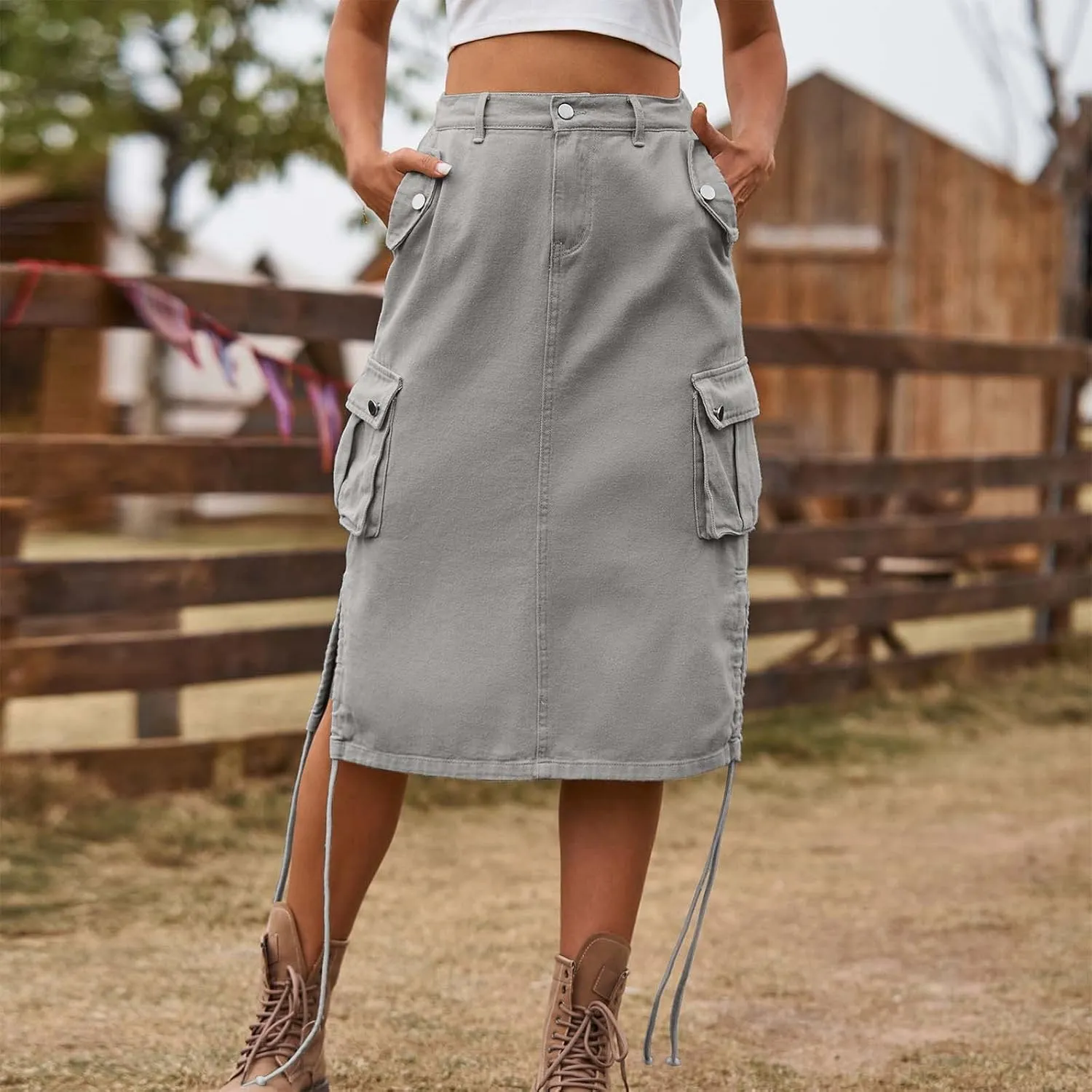 Skirts for Women Midi Length Side Split Tie Multi Pockets Cargo Skirt Summer Causal Loose Buttons Midi Skirts 2024