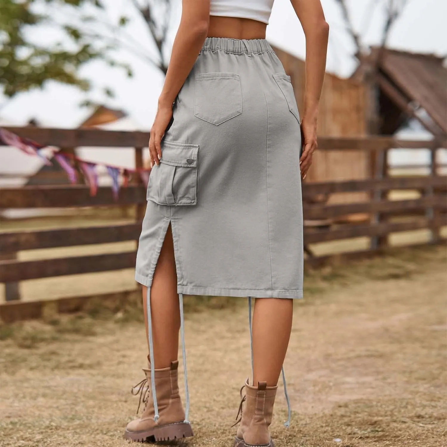 Skirts for Women Midi Length Side Split Tie Multi Pockets Cargo Skirt Summer Causal Loose Buttons Midi Skirts 2024