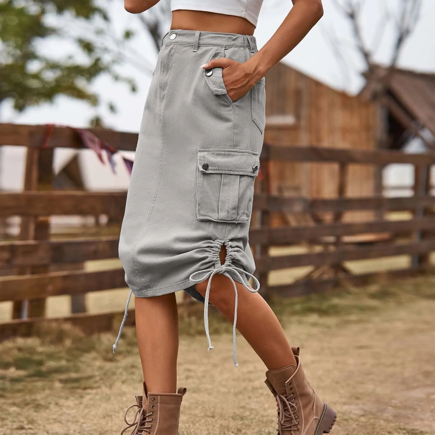 Skirts for Women Midi Length Side Split Tie Multi Pockets Cargo Skirt Summer Causal Loose Buttons Midi Skirts 2024