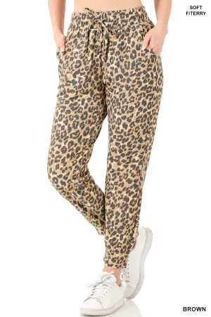 Soft French Terry Reverse Leopard Jogger Pants (Brown)
