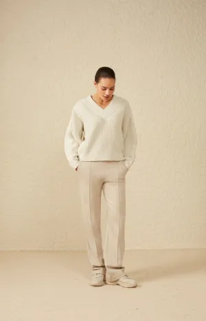 Soft herringbone trousers with pockets and elastic waist