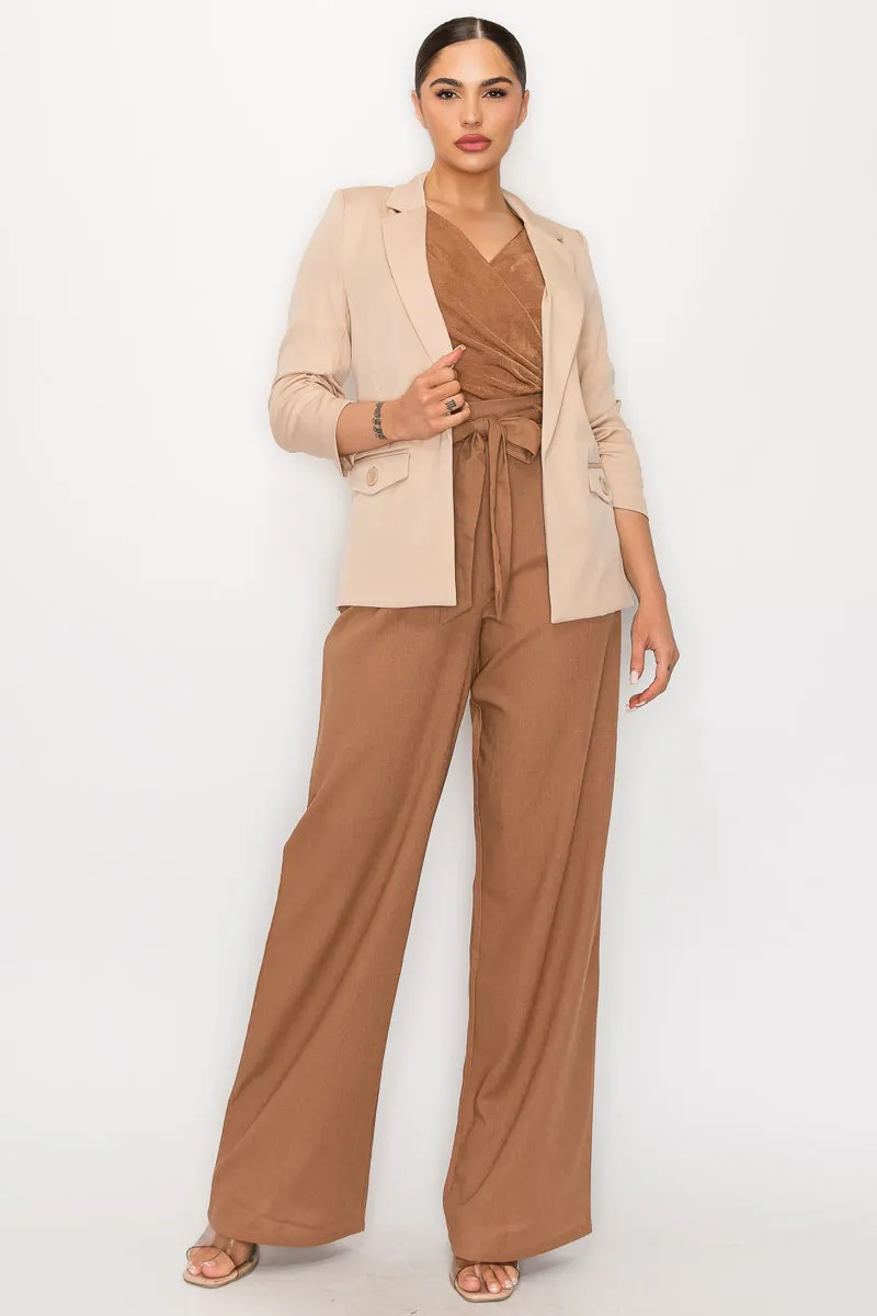 Solid Woven Ruched Sleeve Blazer Jacket