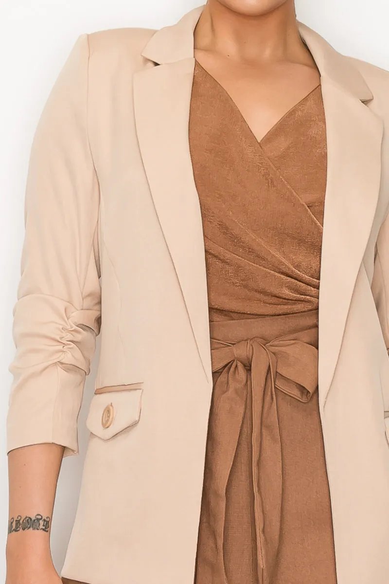 Solid Woven Ruched Sleeve Blazer Jacket