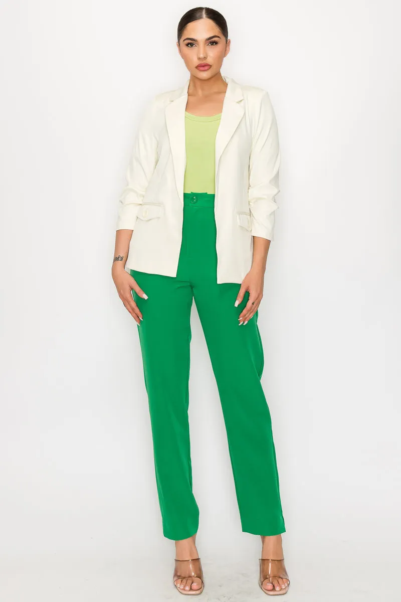 Solid Woven Ruched Sleeve Blazer Jacket