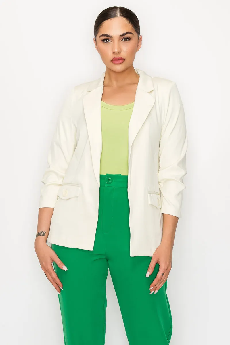 Solid Woven Ruched Sleeve Blazer Jacket