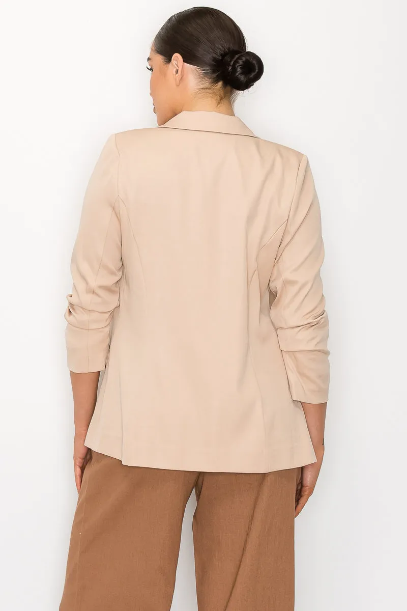 Solid Woven Ruched Sleeve Blazer Jacket