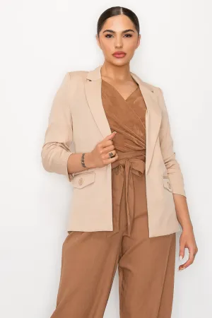 Solid Woven Ruched Sleeve Blazer Jacket