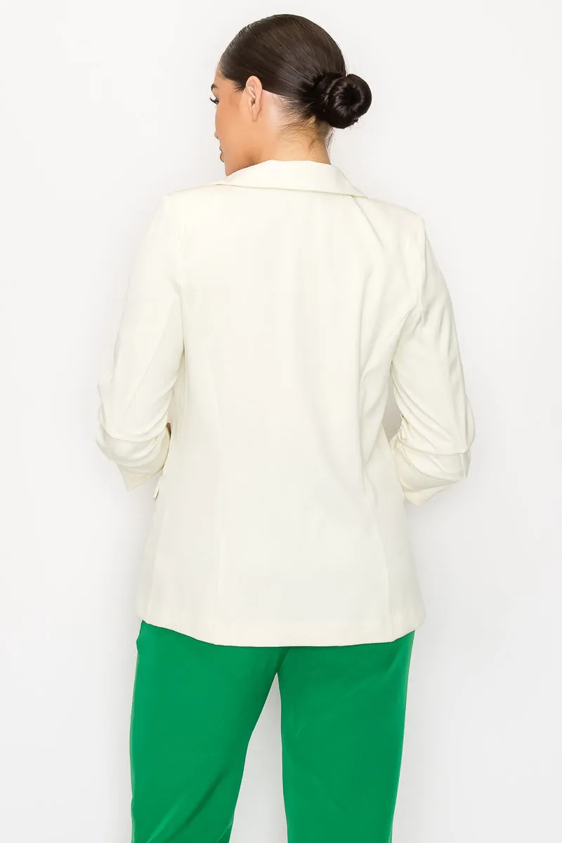 Solid Woven Ruched Sleeve Blazer Jacket