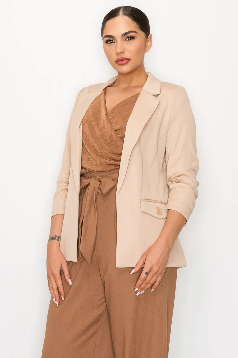 Solid Woven Ruched Sleeve Blazer Jacket