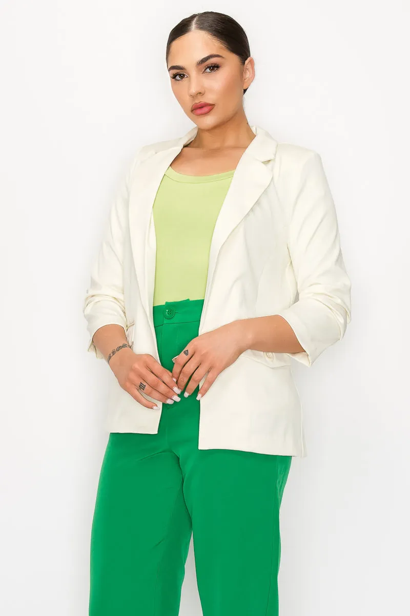 Solid Woven Ruched Sleeve Blazer Jacket