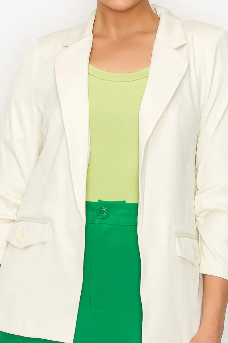 Solid Woven Ruched Sleeve Blazer Jacket