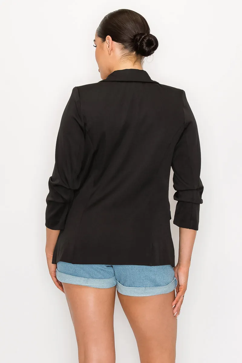 Solid Woven Ruched Sleeve Blazer Jacket