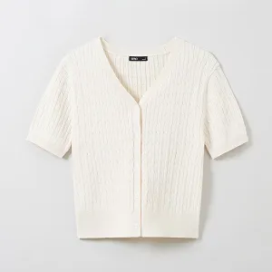 SPAO Women Short Sleeve Cable Cardigan SPCKE25G06 Cream