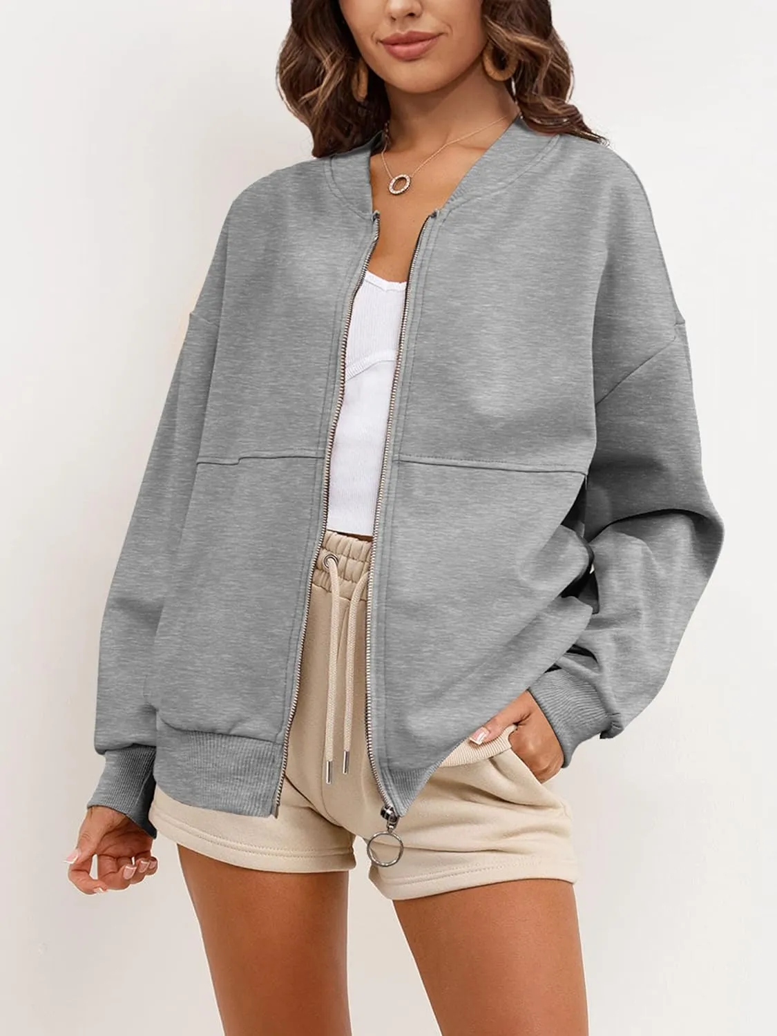 SuperPrity Women Crewneck Zip Up Sweatshirts Long Sleeve Oversized Jacket Coat Pocket Casual Hoodie 2024 Fall Trendy Outfits