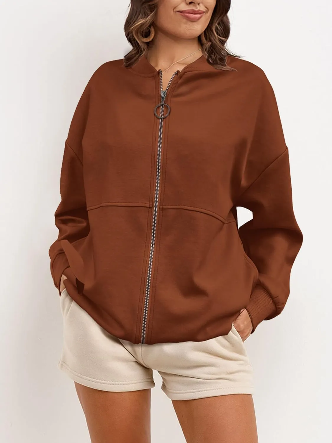 SuperPrity Women Crewneck Zip Up Sweatshirts Long Sleeve Oversized Jacket Coat Pocket Casual Hoodie 2024 Fall Trendy Outfits