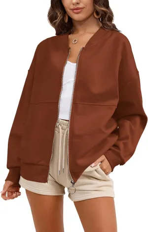 SuperPrity Women Crewneck Zip Up Sweatshirts Long Sleeve Oversized Jacket Coat Pocket Casual Hoodie 2024 Fall Trendy Outfits