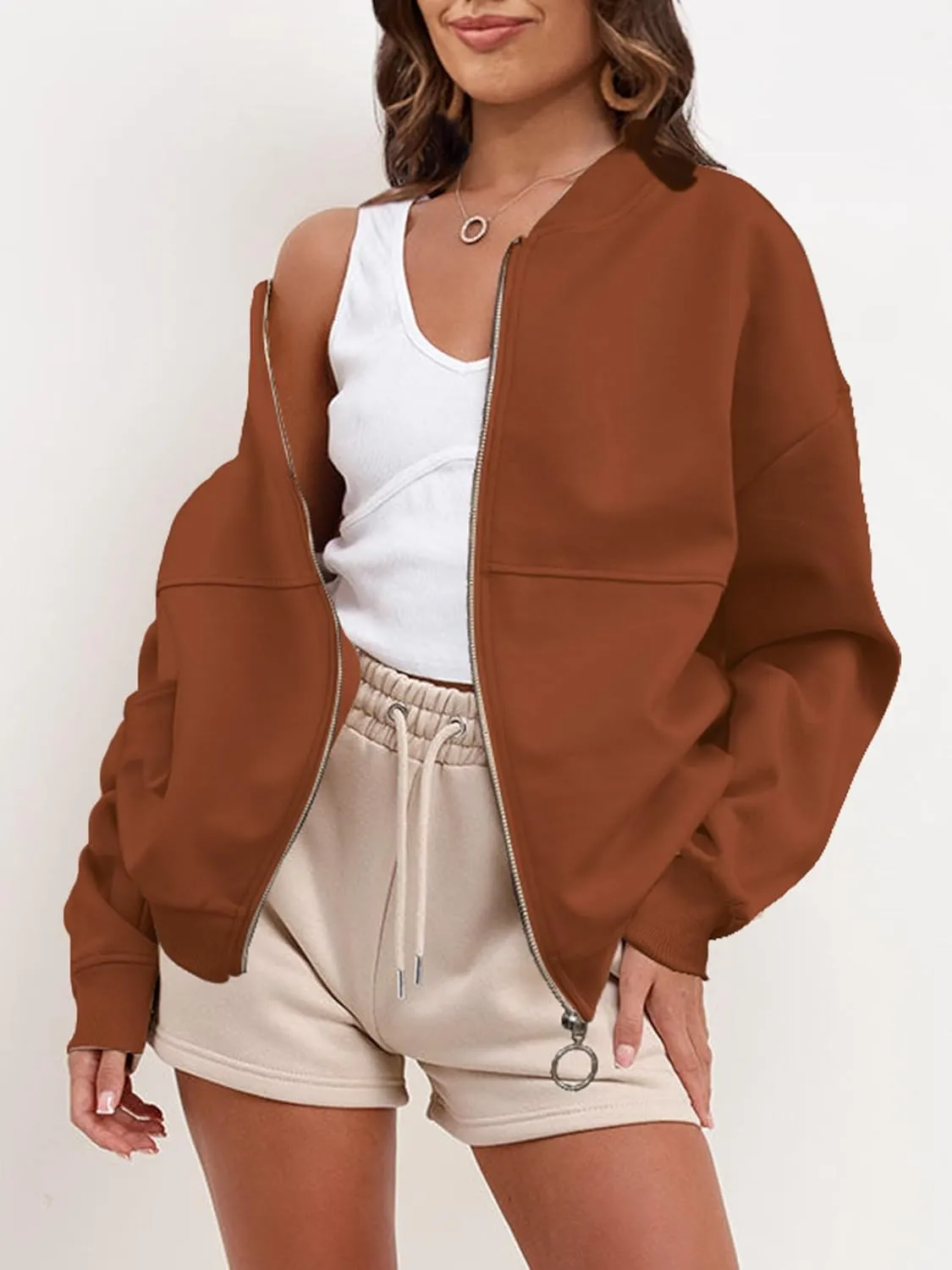 SuperPrity Women Crewneck Zip Up Sweatshirts Long Sleeve Oversized Jacket Coat Pocket Casual Hoodie 2024 Fall Trendy Outfits