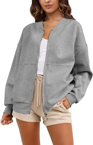 SuperPrity Women Crewneck Zip Up Sweatshirts Long Sleeve Oversized Jacket Coat Pocket Casual Hoodie 2024 Fall Trendy Outfits