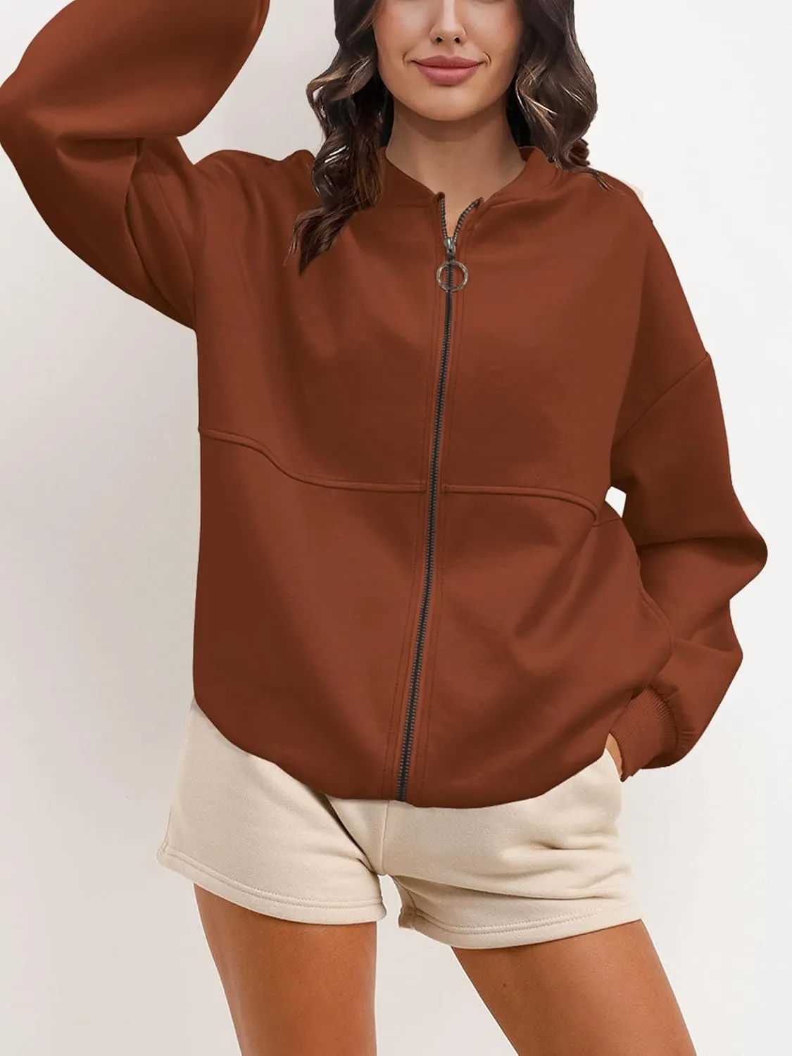 SuperPrity Women Crewneck Zip Up Sweatshirts Long Sleeve Oversized Jacket Coat Pocket Casual Hoodie 2024 Fall Trendy Outfits