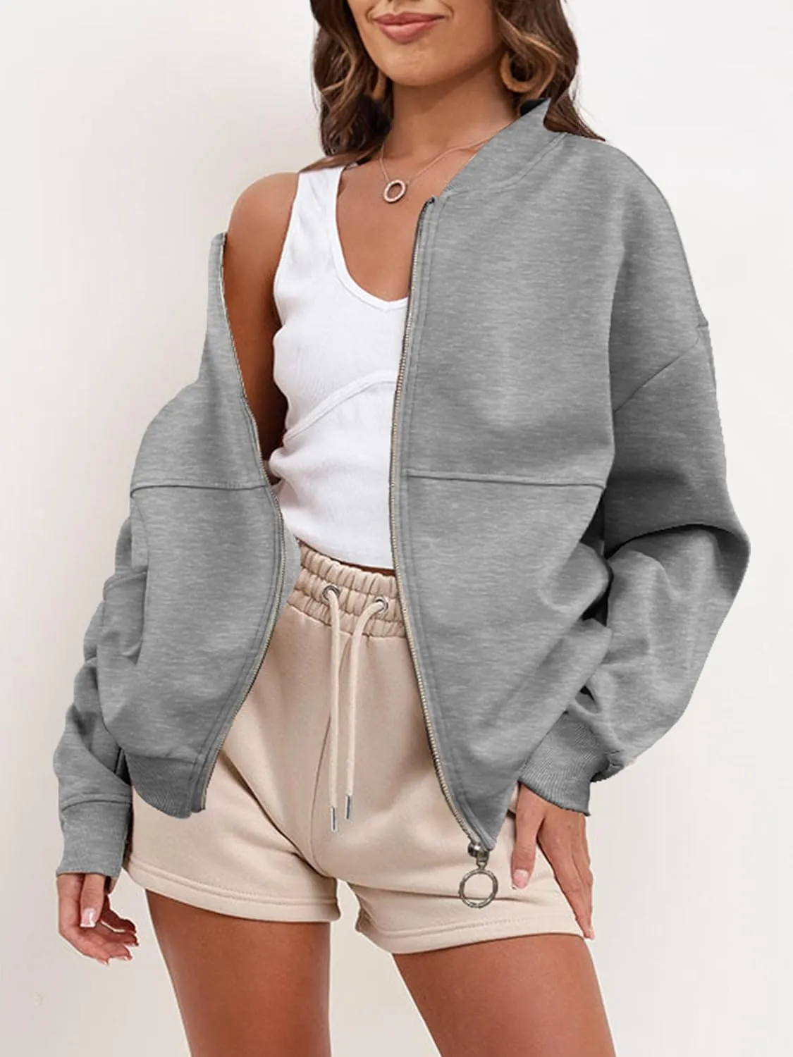 SuperPrity Women Crewneck Zip Up Sweatshirts Long Sleeve Oversized Jacket Coat Pocket Casual Hoodie 2024 Fall Trendy Outfits