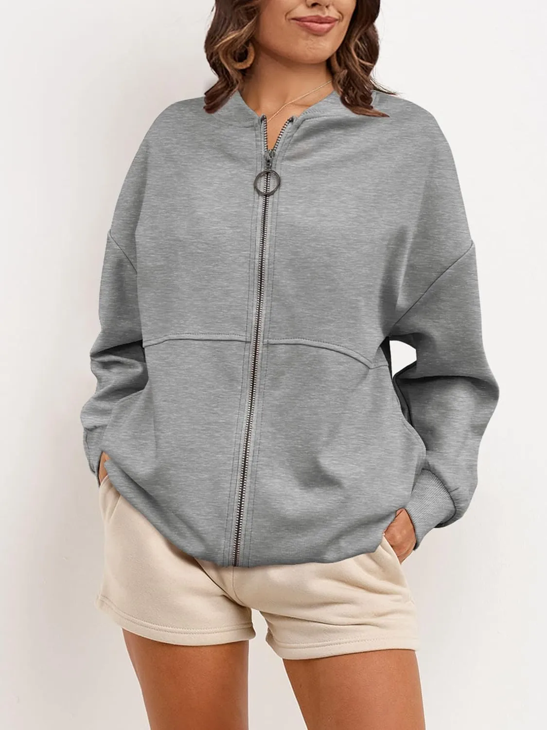SuperPrity Women Crewneck Zip Up Sweatshirts Long Sleeve Oversized Jacket Coat Pocket Casual Hoodie 2024 Fall Trendy Outfits
