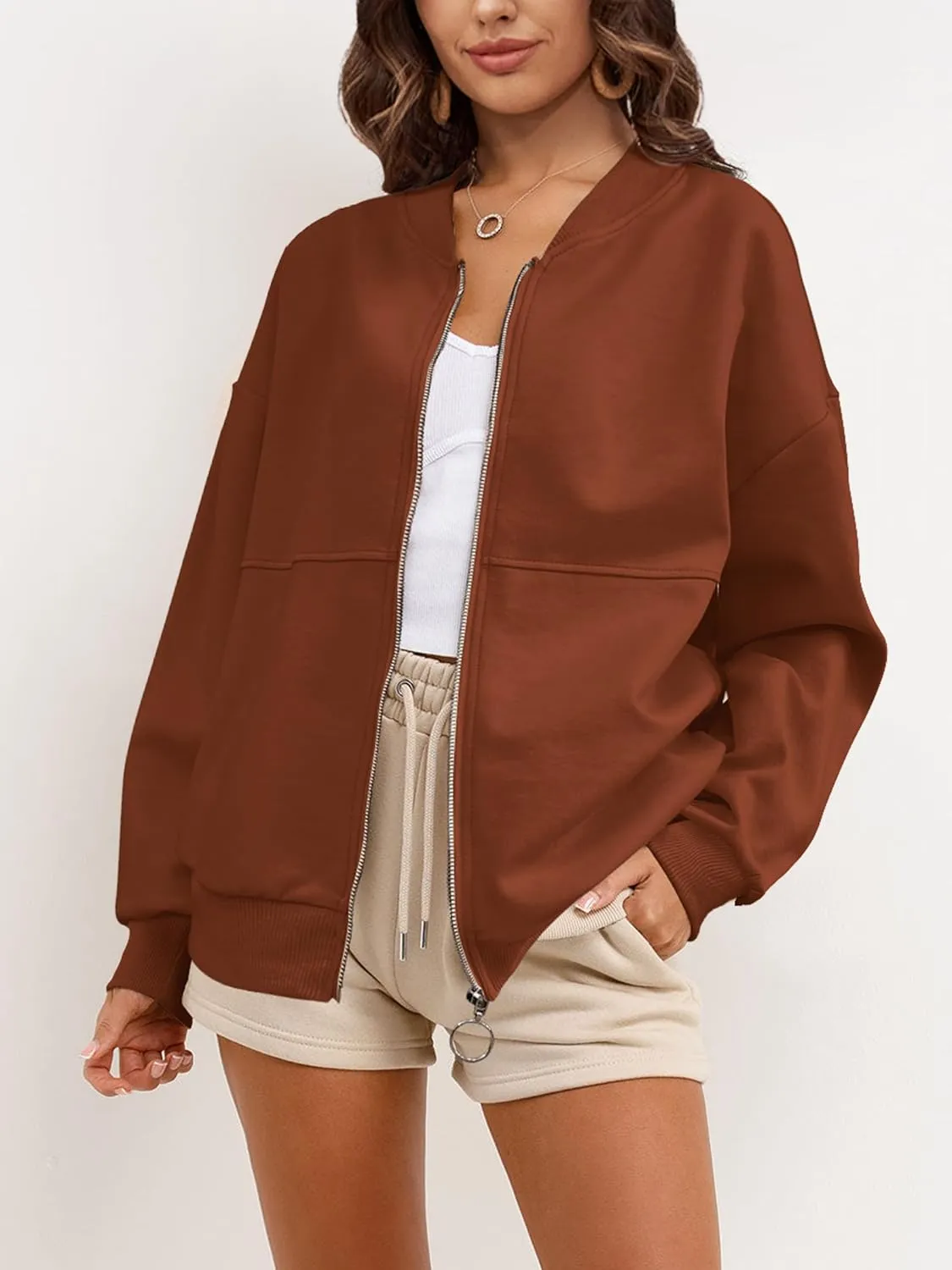 SuperPrity Women Crewneck Zip Up Sweatshirts Long Sleeve Oversized Jacket Coat Pocket Casual Hoodie 2024 Fall Trendy Outfits
