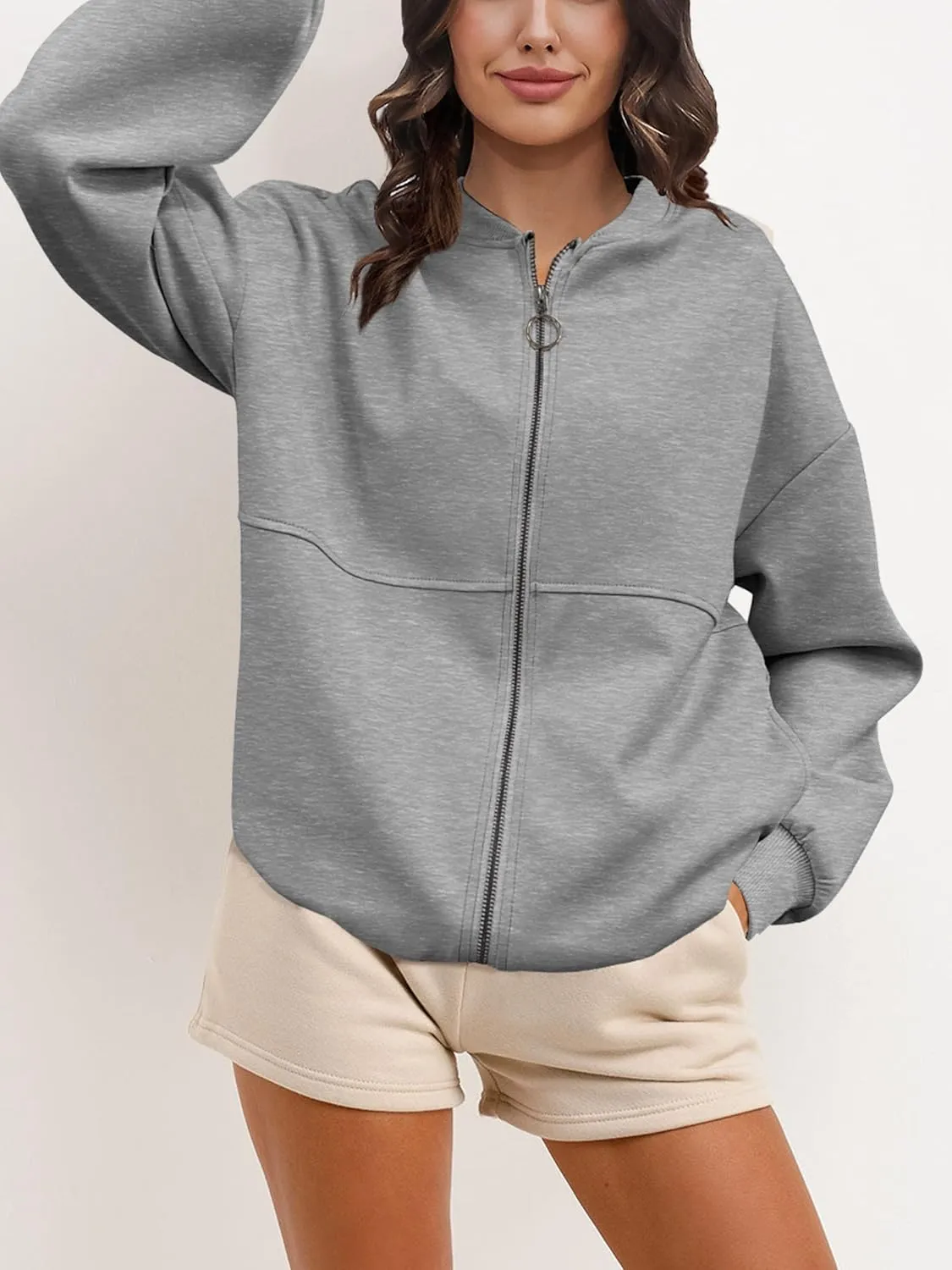 SuperPrity Women Crewneck Zip Up Sweatshirts Long Sleeve Oversized Jacket Coat Pocket Casual Hoodie 2024 Fall Trendy Outfits