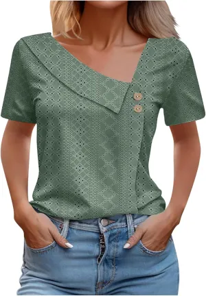 T Shirt for Women Trendy Summer Petal Short Sleeve Tee V Neck Petite Tops Cute Lace Eyelet Blouses Dressy Casual Tunic