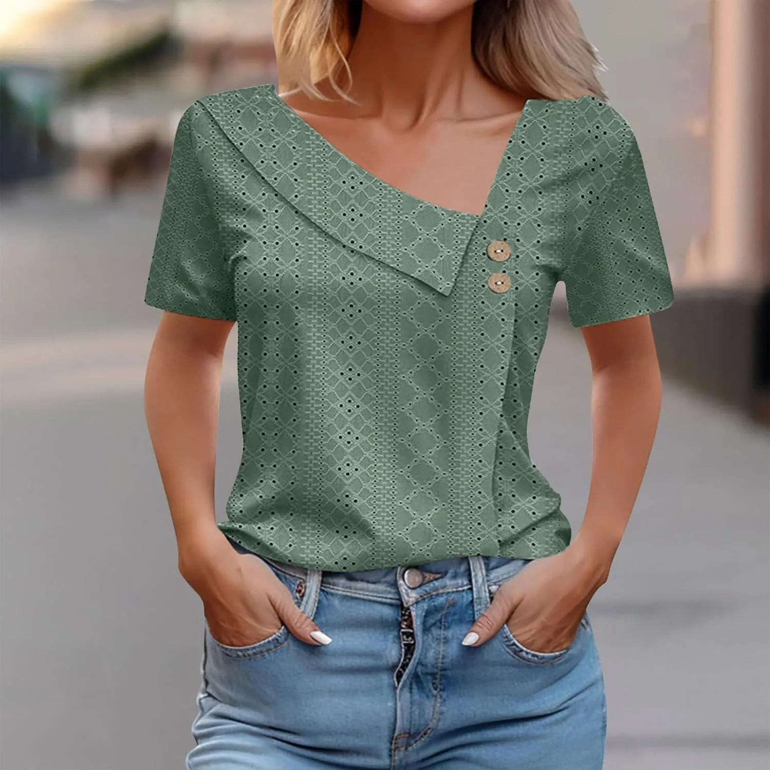 T Shirt for Women Trendy Summer Petal Short Sleeve Tee V Neck Petite Tops Cute Lace Eyelet Blouses Dressy Casual Tunic