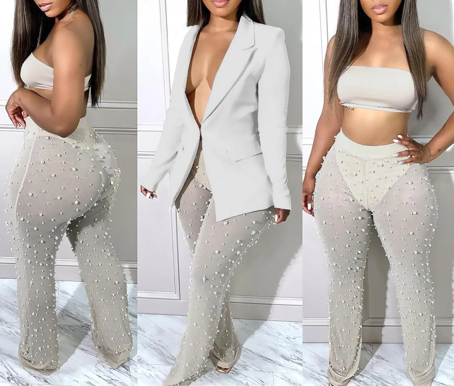 Tbahhir Sexy Blazers Suits for Women 2 Piece Outfits Long Sleeve Blazer and Mesh Sheer Pants Sets Clubwear Party