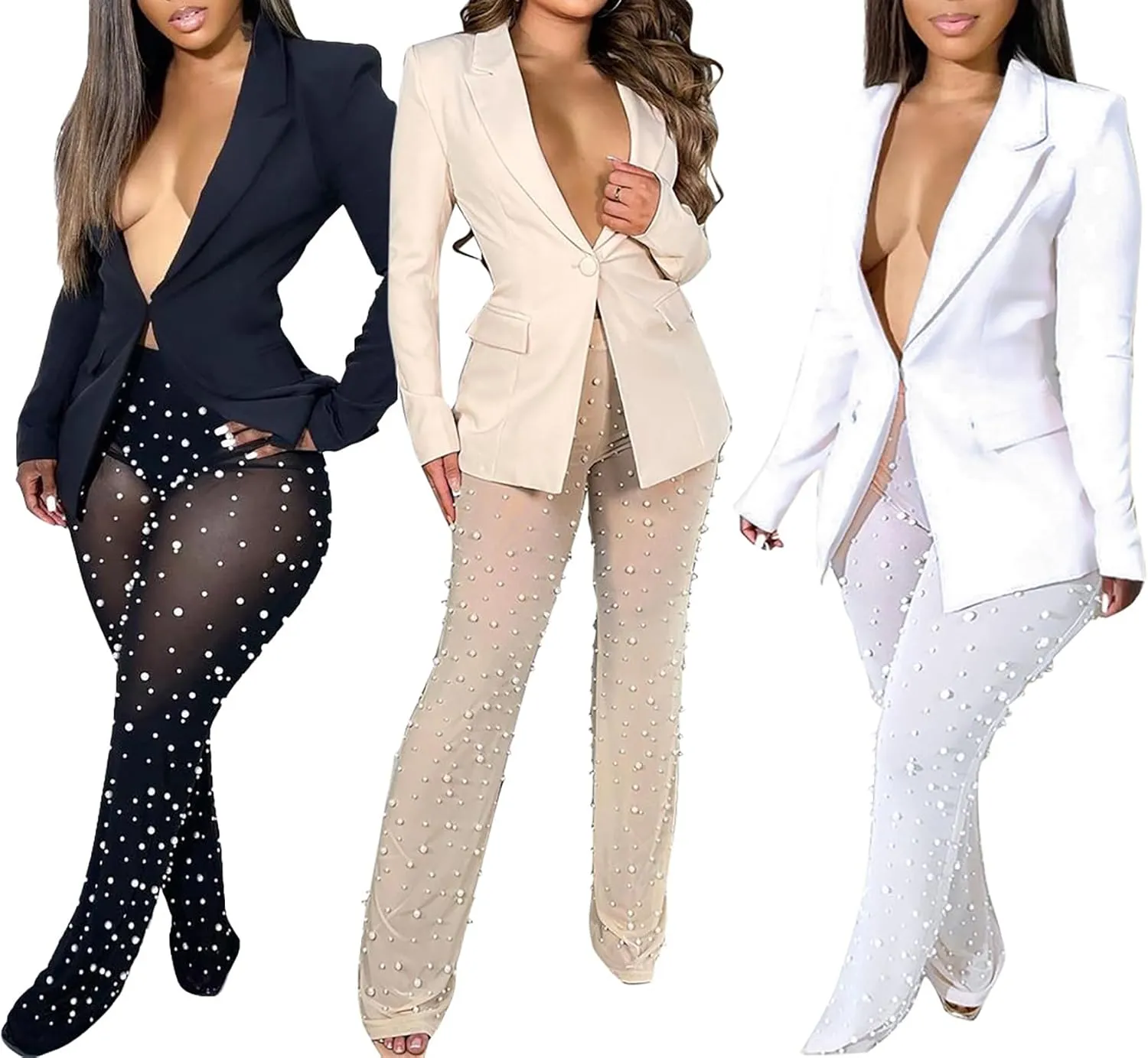 Tbahhir Sexy Blazers Suits for Women 2 Piece Outfits Long Sleeve Blazer and Mesh Sheer Pants Sets Clubwear Party