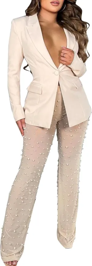 Tbahhir Sexy Blazers Suits for Women 2 Piece Outfits Long Sleeve Blazer and Mesh Sheer Pants Sets Clubwear Party