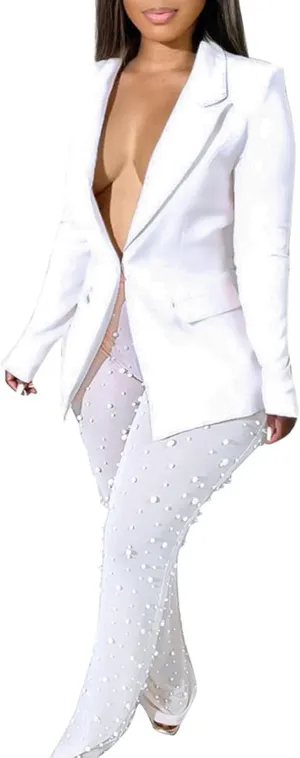 Tbahhir Sexy Blazers Suits for Women 2 Piece Outfits Long Sleeve Blazer and Mesh Sheer Pants Sets Clubwear Party