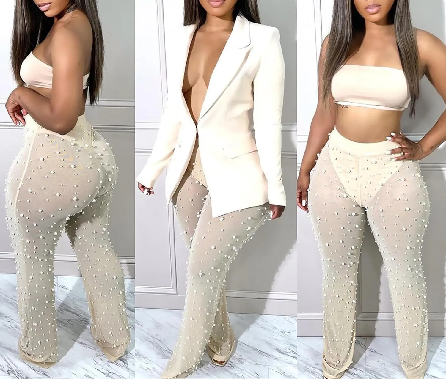 Tbahhir Sexy Blazers Suits for Women 2 Piece Outfits Long Sleeve Blazer and Mesh Sheer Pants Sets Clubwear Party