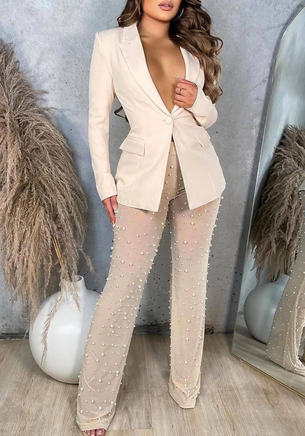 Tbahhir Sexy Blazers Suits for Women 2 Piece Outfits Long Sleeve Blazer and Mesh Sheer Pants Sets Clubwear Party