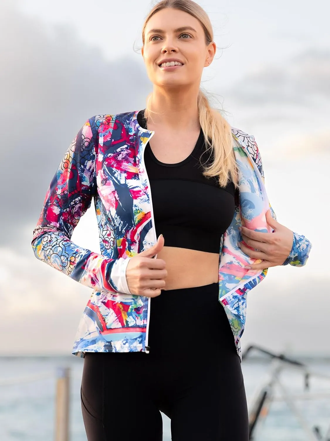 Terry Cycling Jersey Womens Bike Tops Long Sleeve Soleil Cardi, Full Front Zip UPF 50  Clothes Moisture Wicking Quick Dry