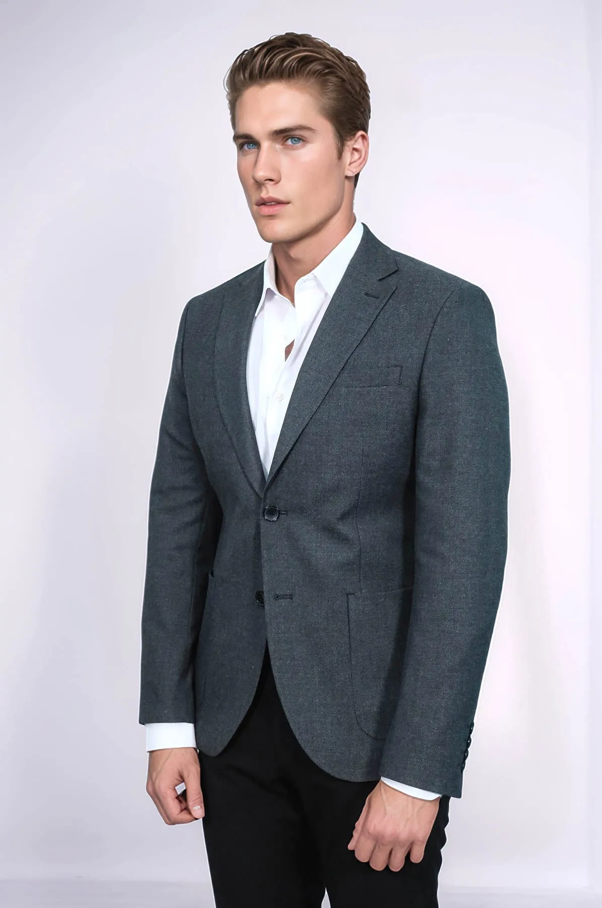 Textured Slim Fit Peak Lapel Grey Men Blazer - Wessi